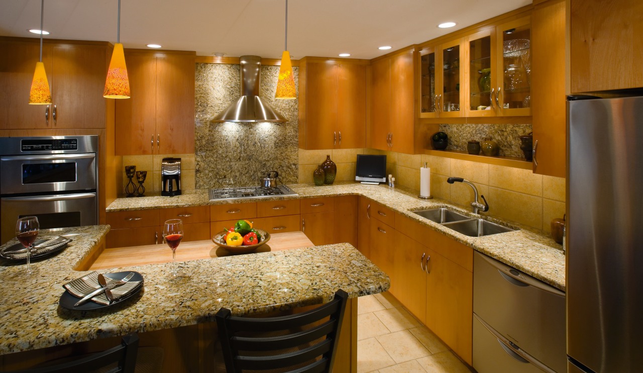 A view of frameless cabinets in alder, with cabinetry, countertop, cuisine classique, interior design, kitchen, room, under cabinet lighting, brown