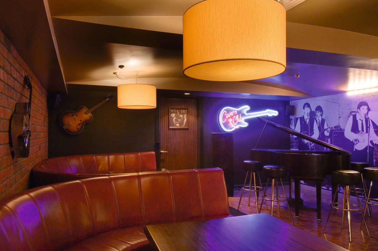 A view of some interior design by Audeo café, ceiling, interior design, lighting, restaurant, room, red, brown