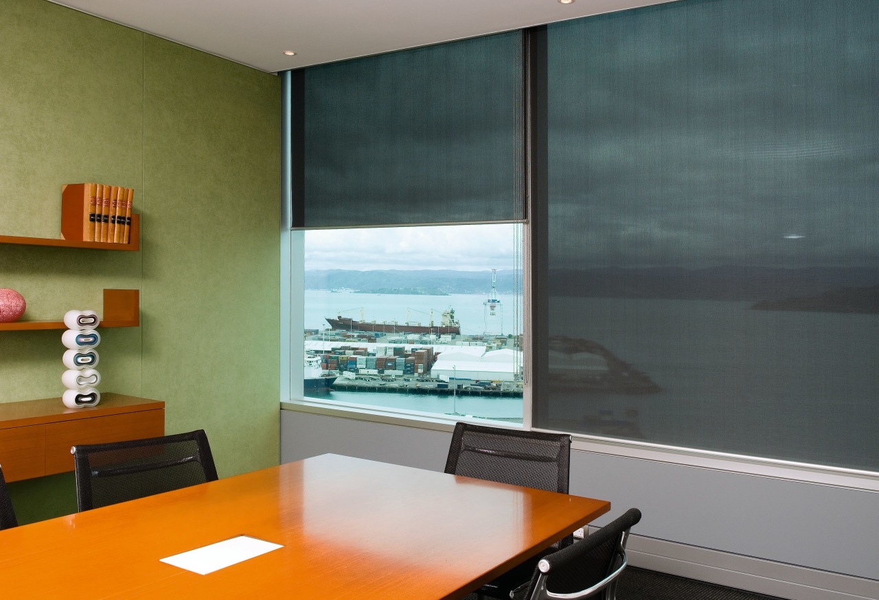 A view extrafloke blackout blinds used in office display device, interior design, real estate, wall, window, window covering, gray