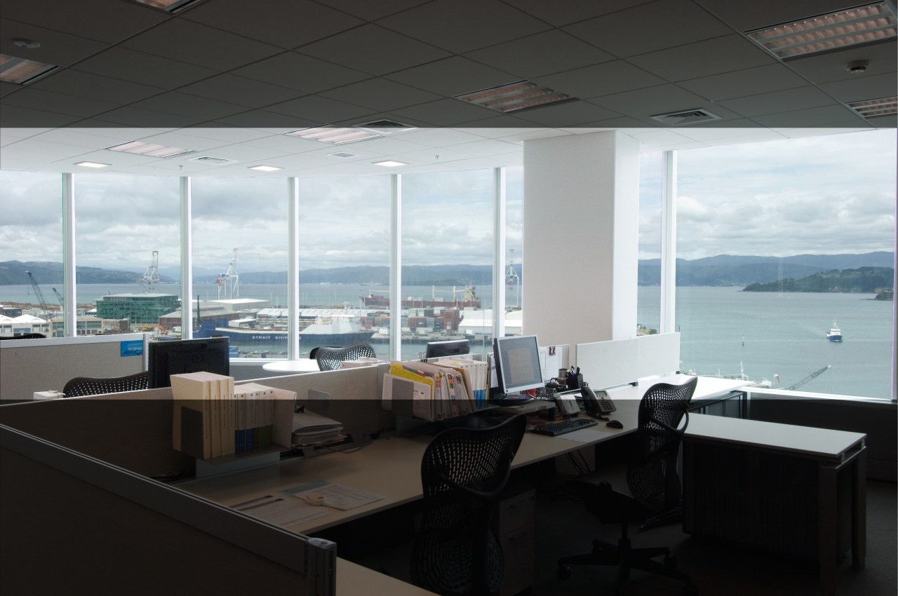 A view of the KPMG offices. apartment, interior design, office, window, black, white