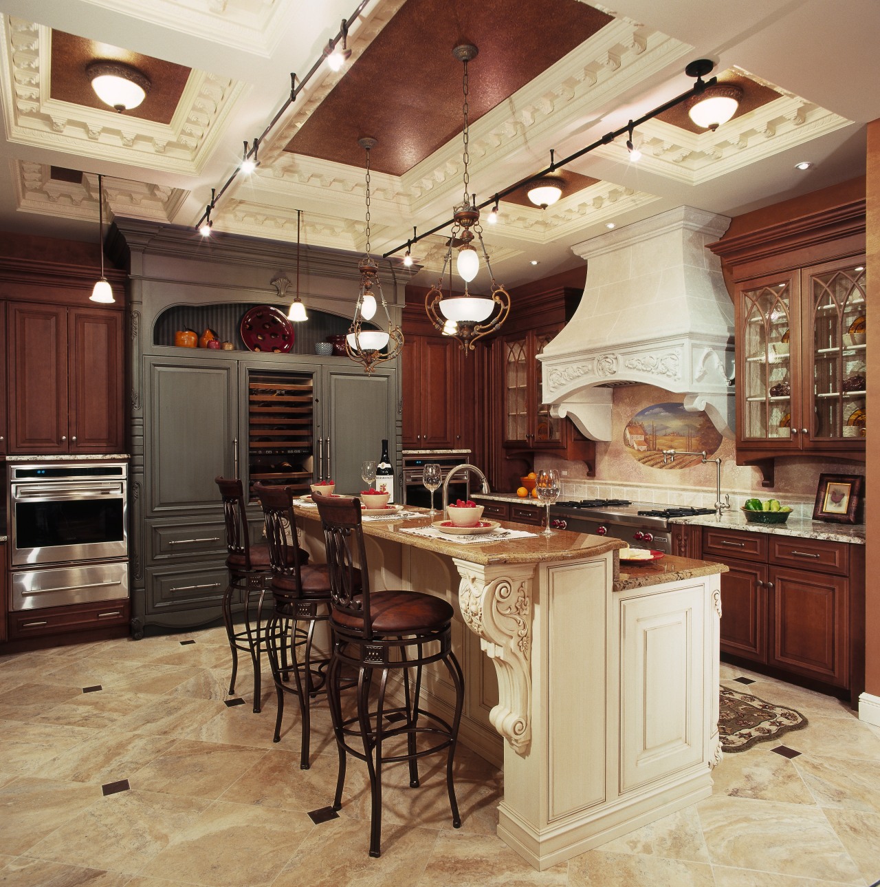 A view of this traditional kitchen featuring Ovation cabinetry, ceiling, countertop, cuisine classique, interior design, kitchen, orange, brown