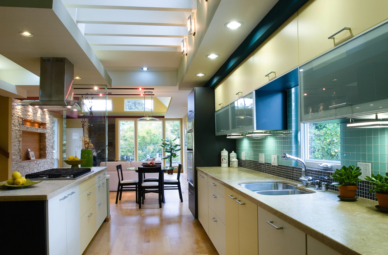 A view of this modern kitchen designed by ceiling, countertop, interior design, kitchen, real estate