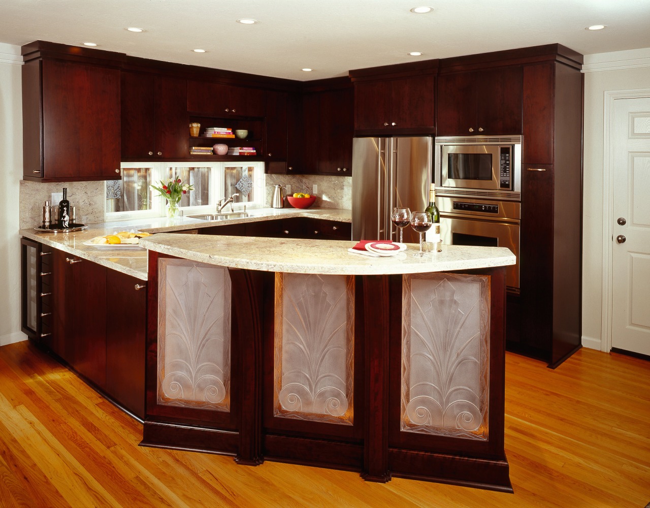 A view of a kitchen by NKBA. cabinetry, countertop, cuisine classique, floor, flooring, furniture, hardwood, interior design, kitchen, room, wood flooring, wood stain, red, brown