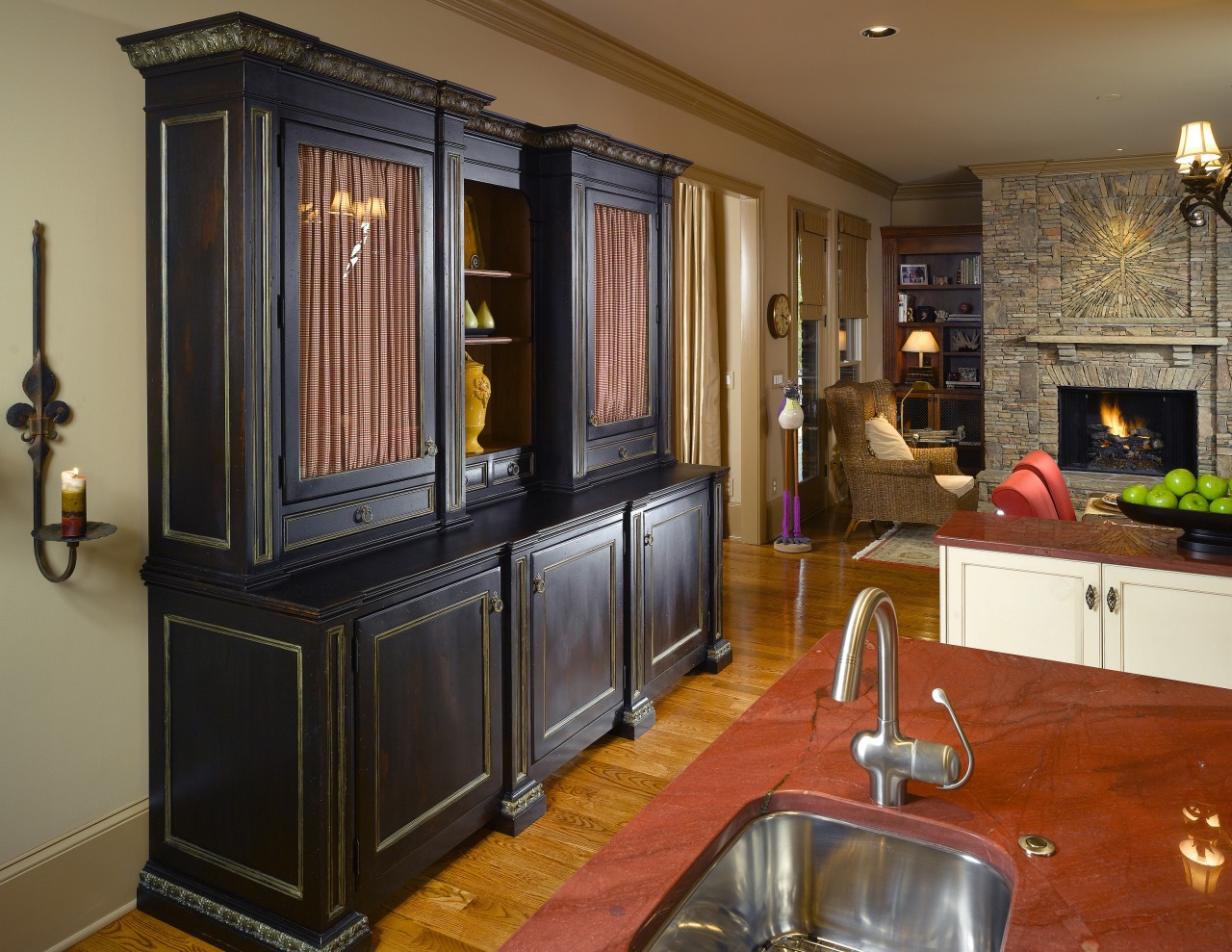 A view of this kitchen designed by Mcfarlane cabinetry, countertop, flooring, furniture, interior design, kitchen, living room, room, brown, black