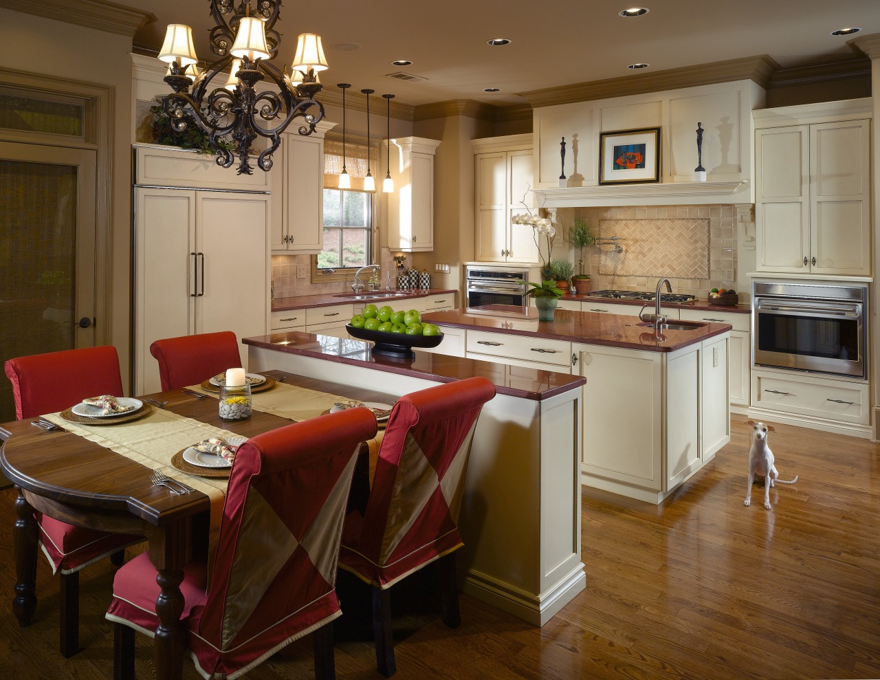 A view of this kitchen designed by Mcfarlane cabinetry, countertop, cuisine classique, dining room, floor, flooring, hardwood, interior design, kitchen, room, wood flooring, brown