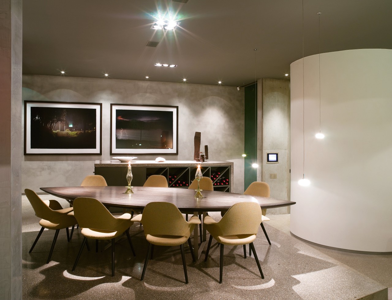 A view of the dininga rea, polished concrete ceiling, furniture, interior design, table, brown, gray