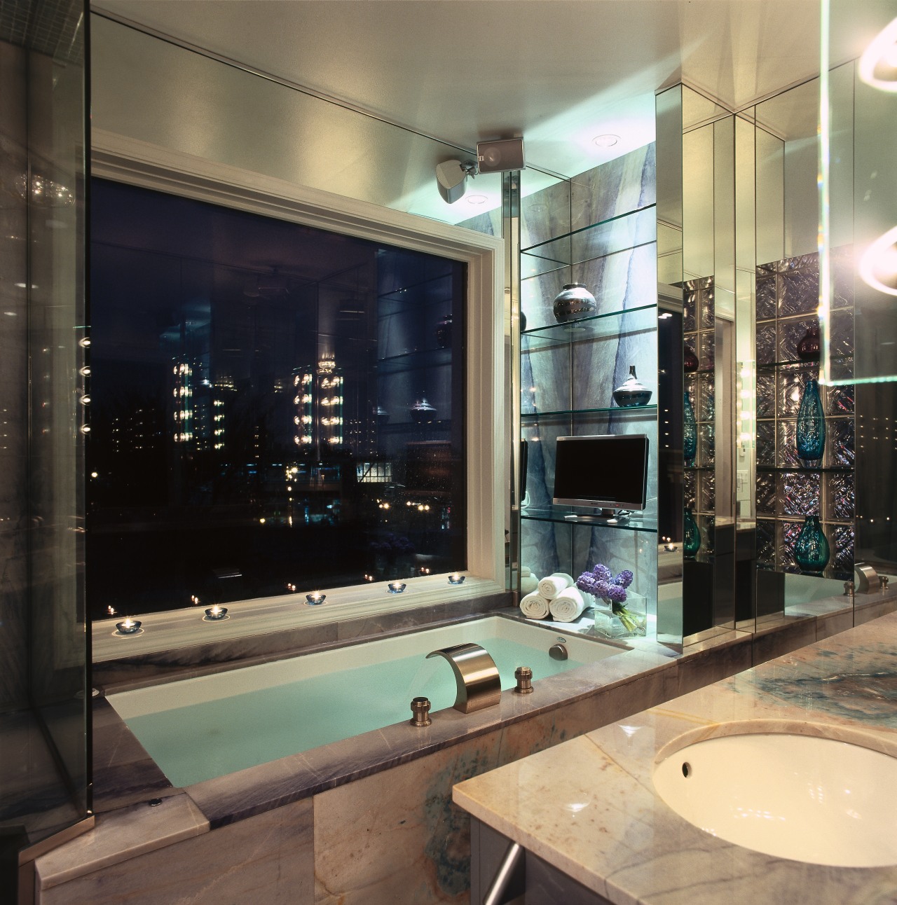 A view of the ensuite, lights, tiled tub bathroom, billiard room, glass, interior design, room, black