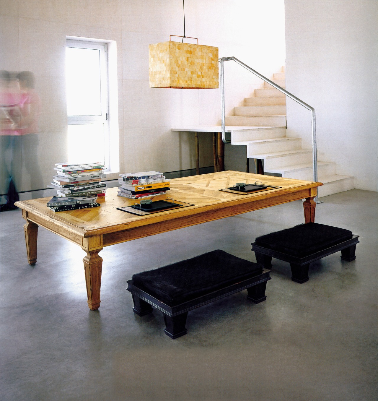 A view of the custom designed table and coffee table, floor, flooring, furniture, hardwood, interior design, living room, product design, table, wood, white, gray