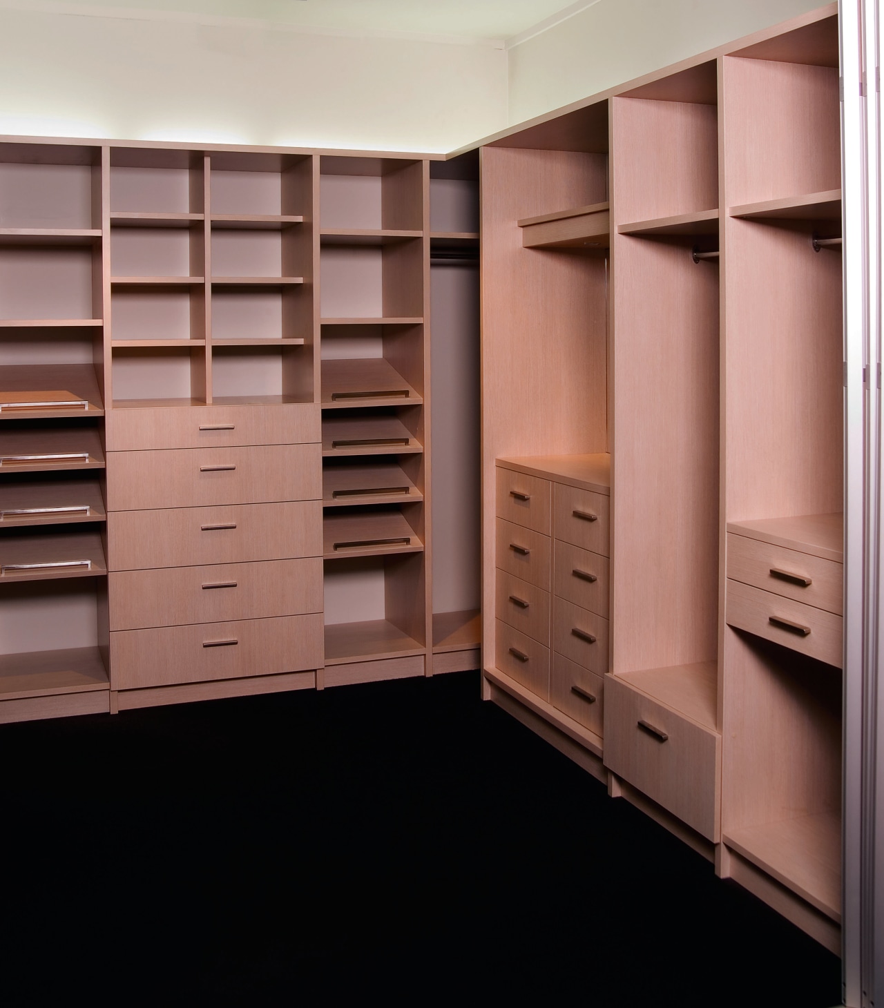 A view of the Walk in wardrobe featuring cabinetry, closet, cupboard, furniture, room, shelving, wardrobe, red