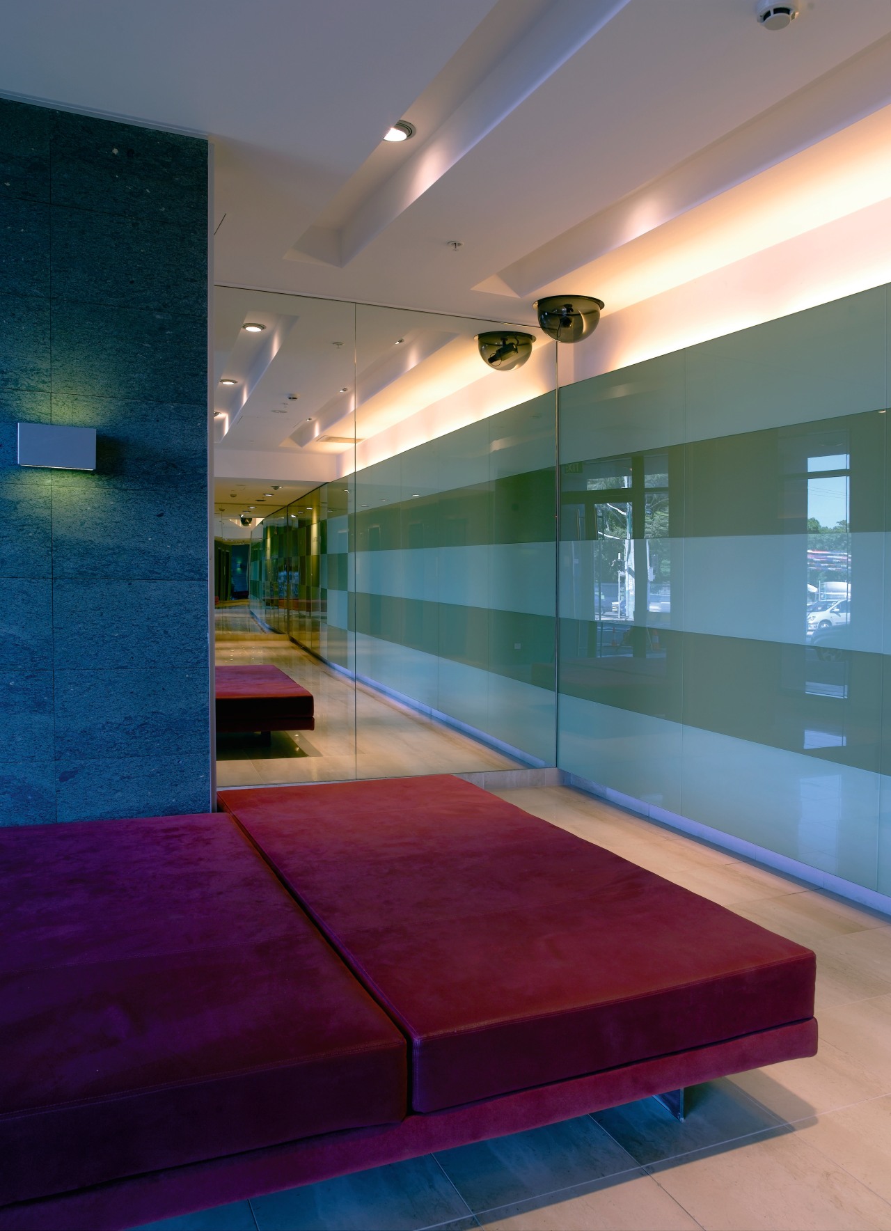 A view of the lbby featuring striped feature architecture, ceiling, daylighting, floor, flooring, glass, hardwood, house, interior design, light, lighting, lobby, wall, gray