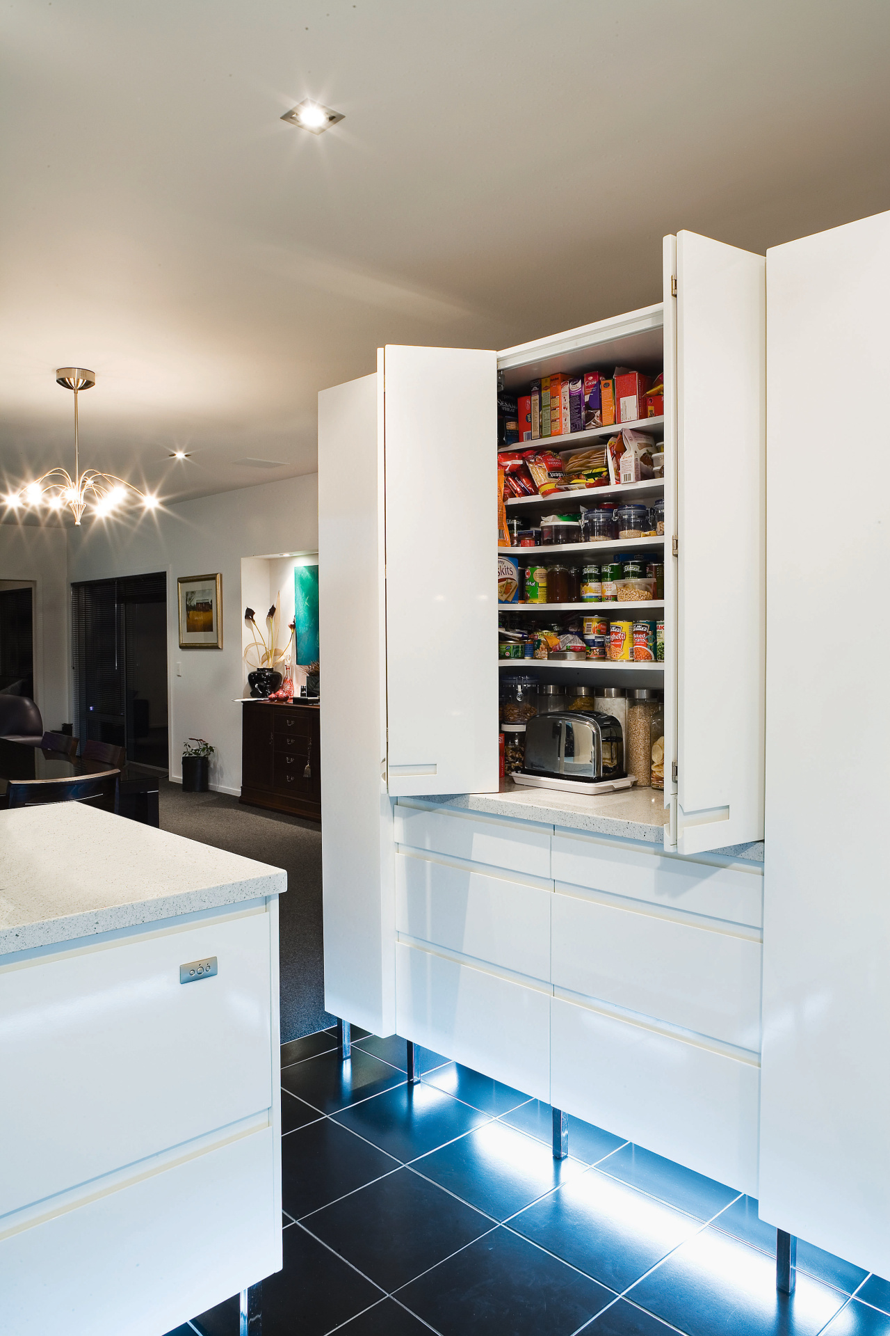 A view of this kitchen featuring tiled flooring, home appliance, interior design, kitchen, room, gray, white