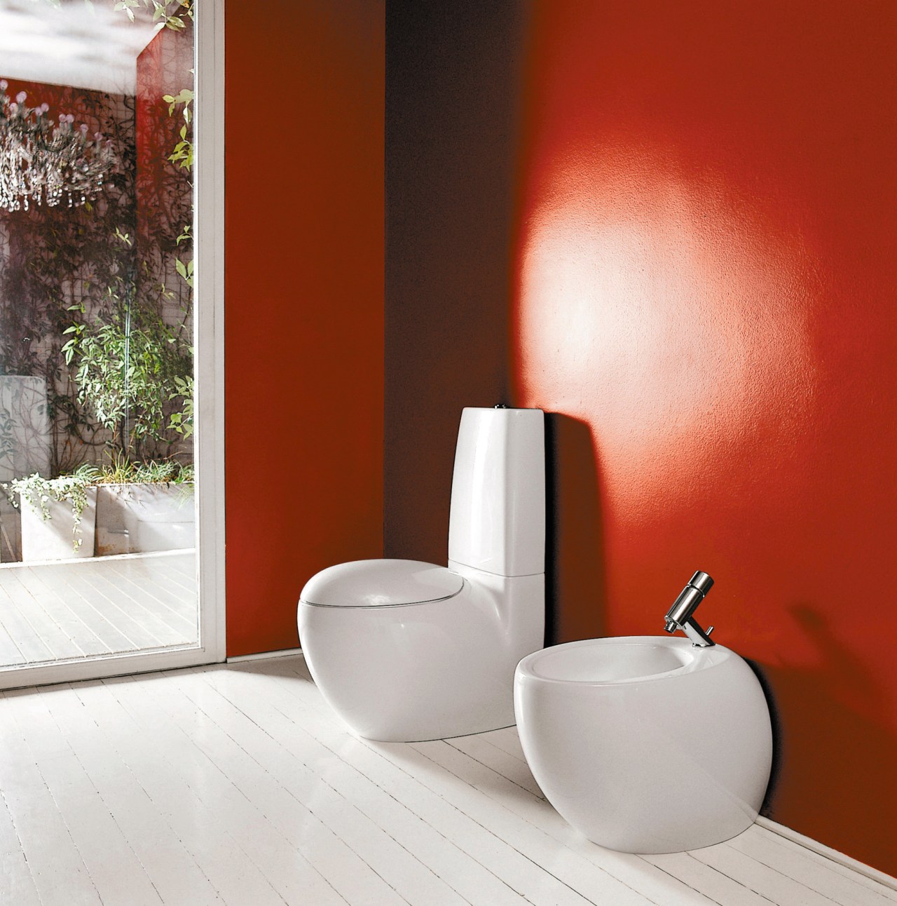 A view of the Alessi One range from bathroom, bidet, ceramic, floor, interior design, plumbing fixture, product design, sink, tap, toilet seat, white, red