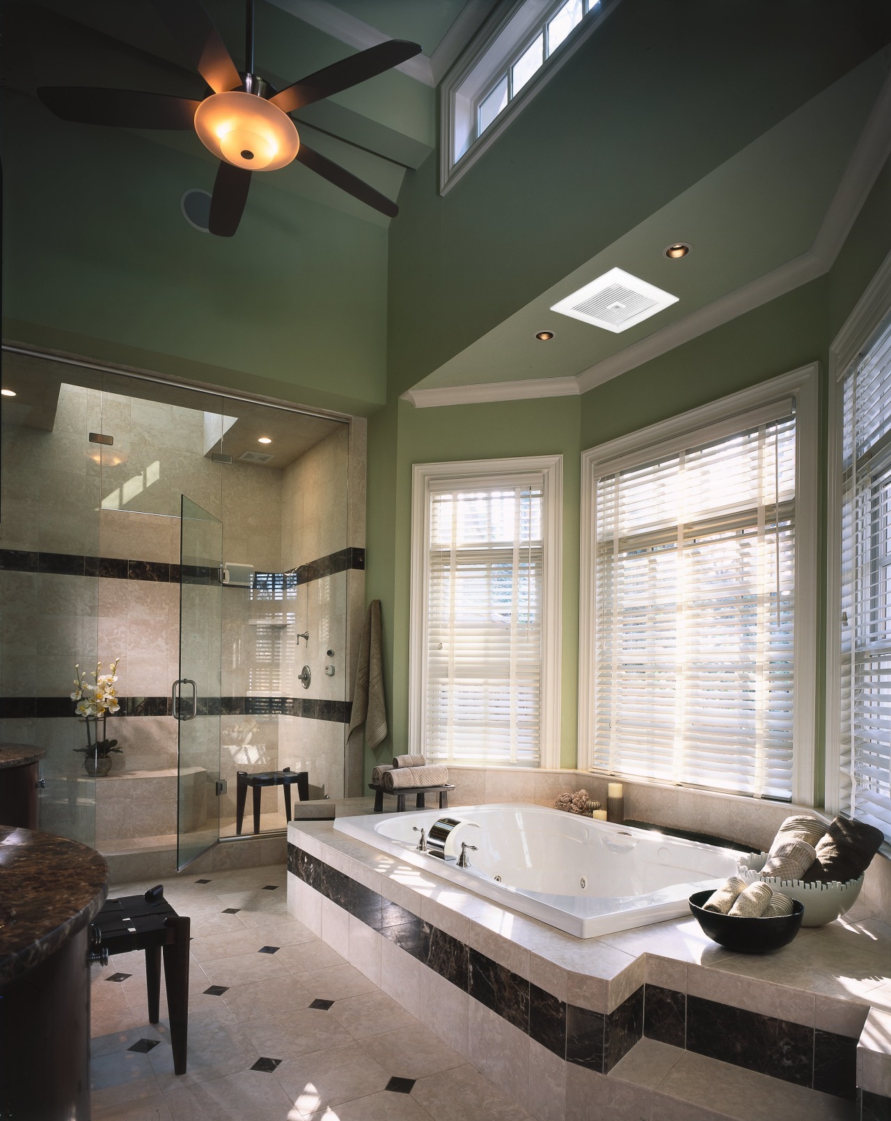 A Panasonic WhisperGreen ventilation fan on the ceiling bathroom, ceiling, daylighting, floor, home, interior design, lighting, room, window, gray, black