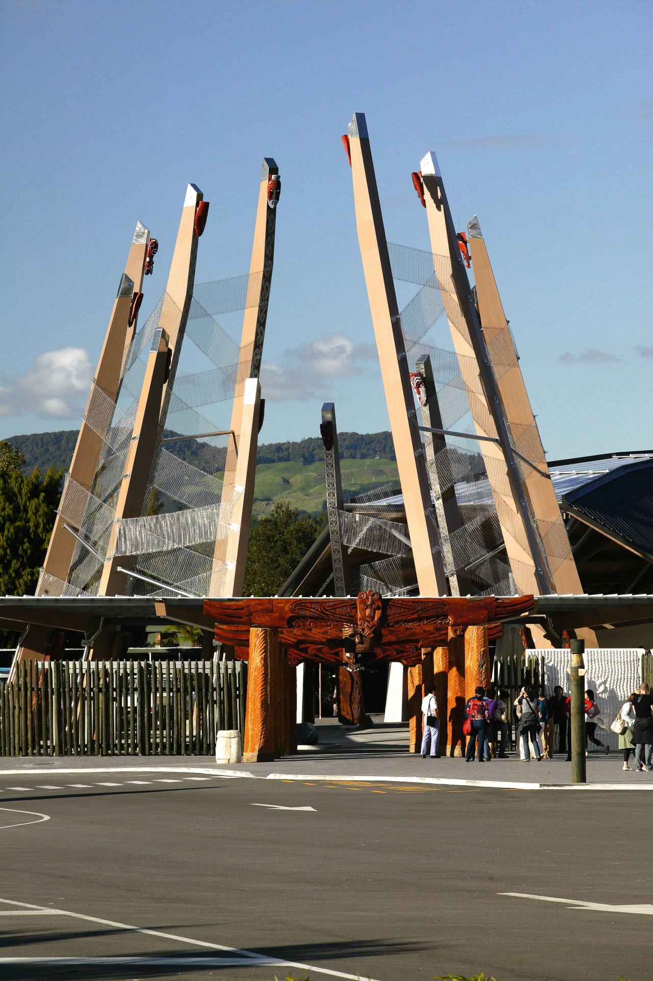 A view of the Te Puia Marae built aerospace engineering, airplane, aviation, sky, transport, teal, gray