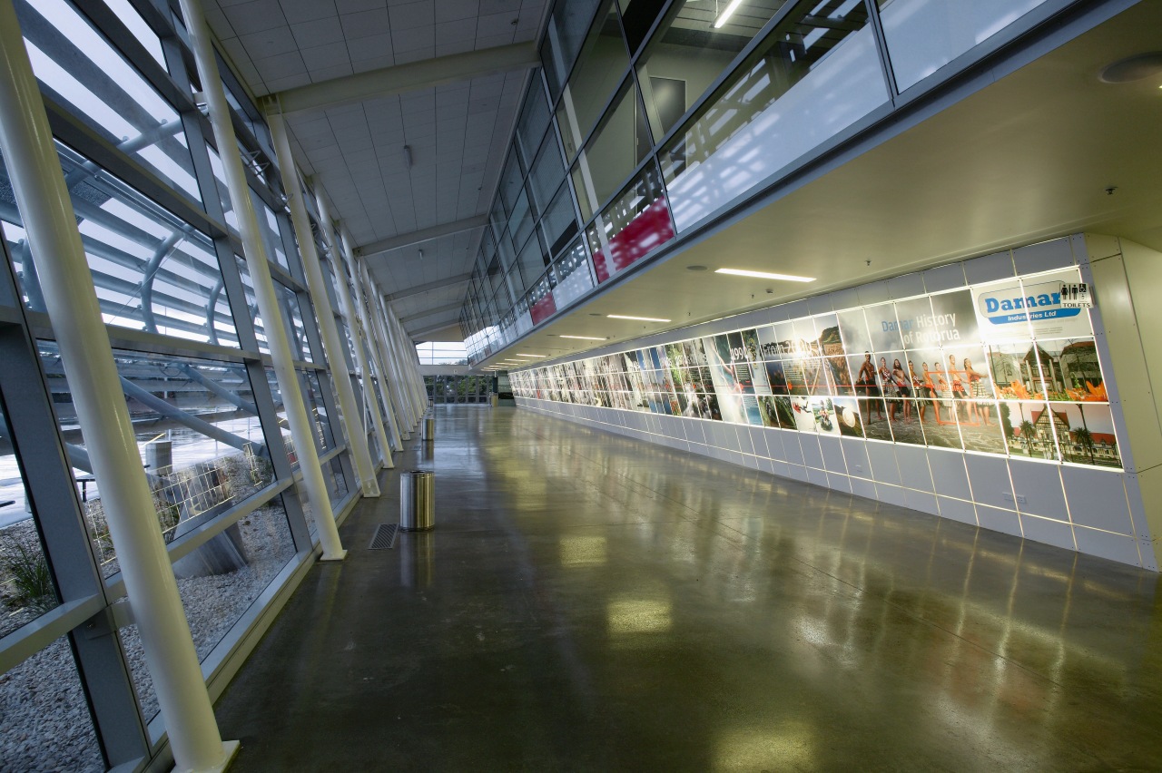 A view of the Rotorua Energy Events Centre metropolitan area, public transport, reflection, brown