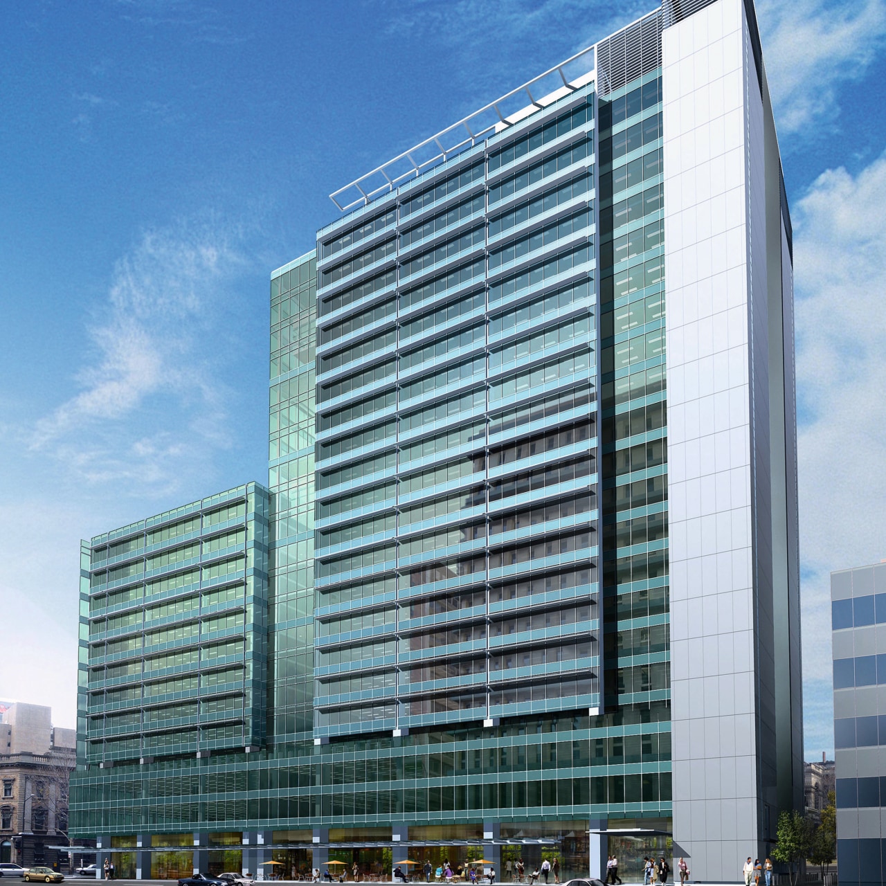 An exterior view of the of the 5 architecture, building, city, commercial building, condominium, corporate headquarters, daytime, downtown, facade, headquarters, hotel, metropolis, metropolitan area, mixed use, plaza, sky, skyscraper, tower block, urban area, teal