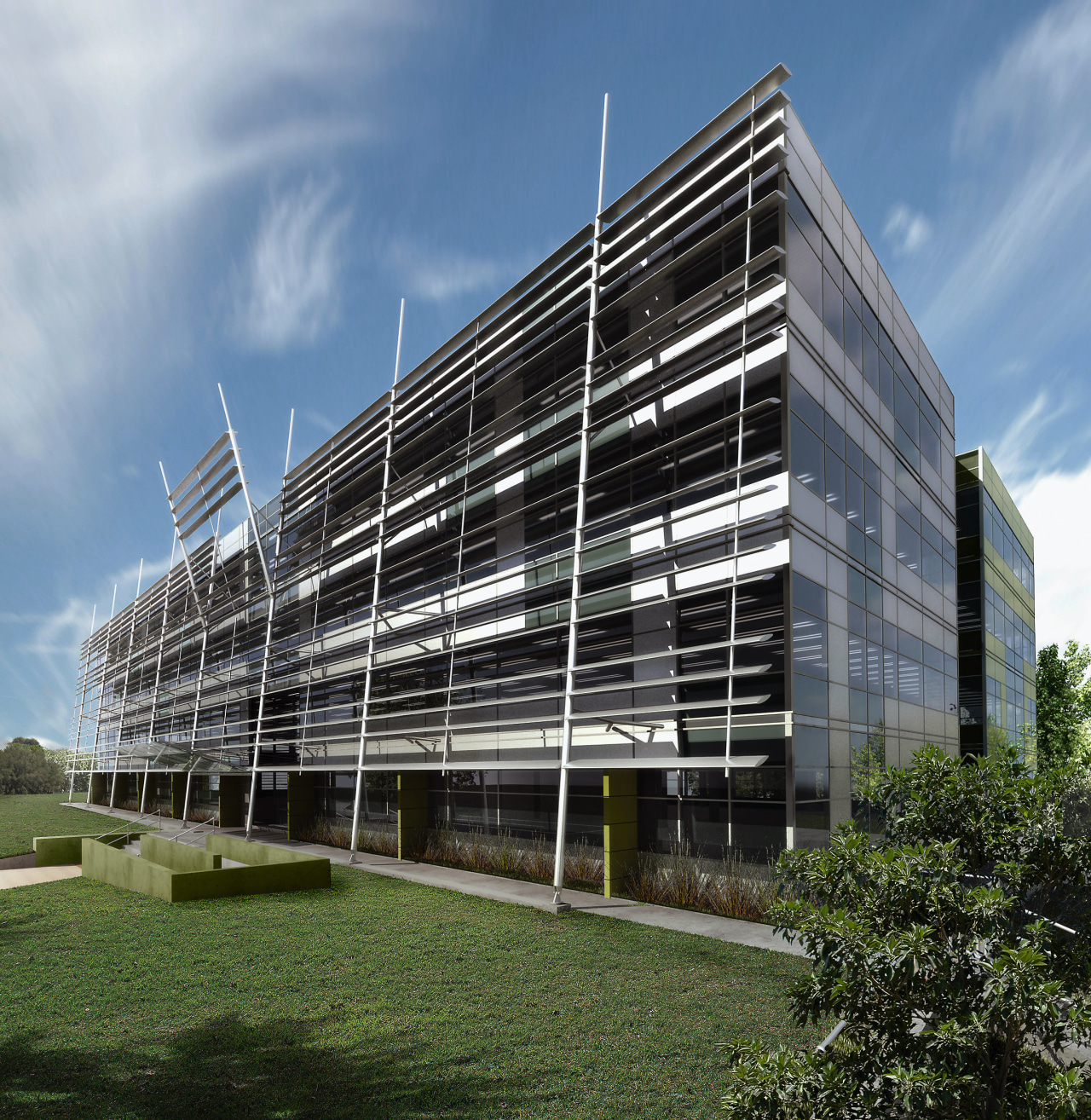 An exterior view of the of the 5 architecture, building, commercial building, condominium, corporate headquarters, facade, grass, headquarters, mixed use, scaffolding, sky, gray