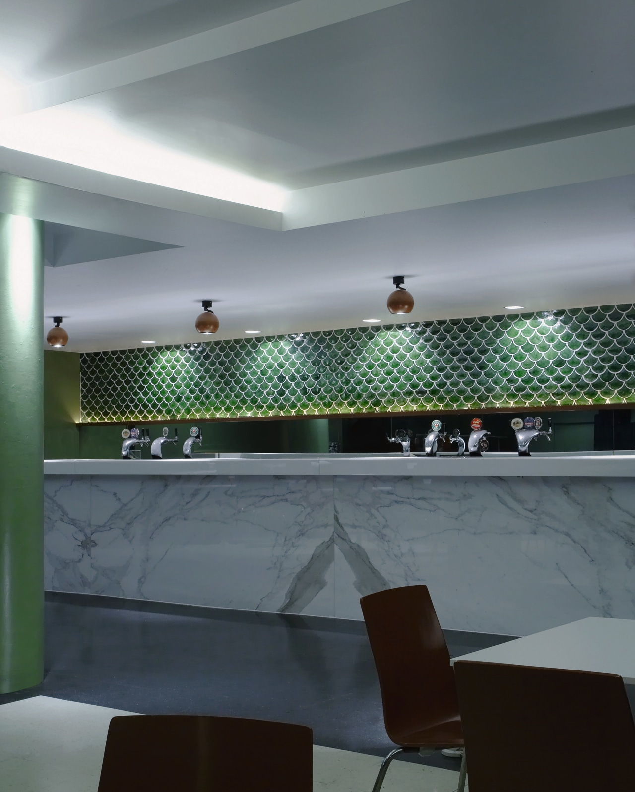 Copper feature lighting and bristo chairs sprayed in architecture, ceiling, daylighting, glass, interior design, lighting, wall, gray