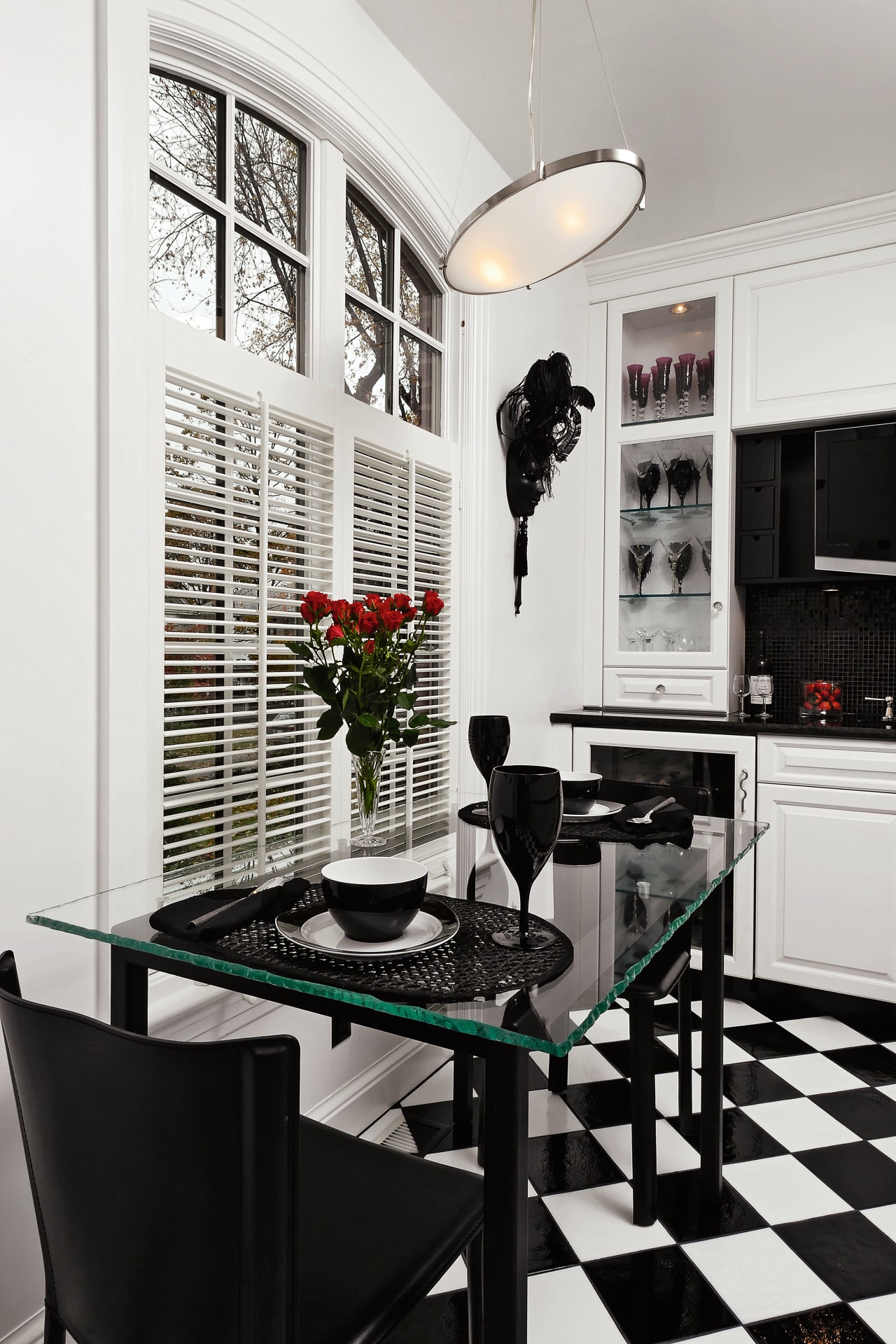 A view of this kitchen featuring black and dining room, furniture, home, interior design, kitchen, room, table, window, white, black