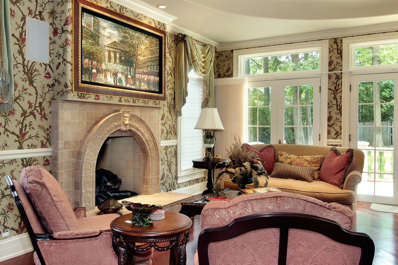 French doors in the family room are topped estate, fireplace, hearth, home, interior design, living room, real estate, room, window, window treatment, orange, brown