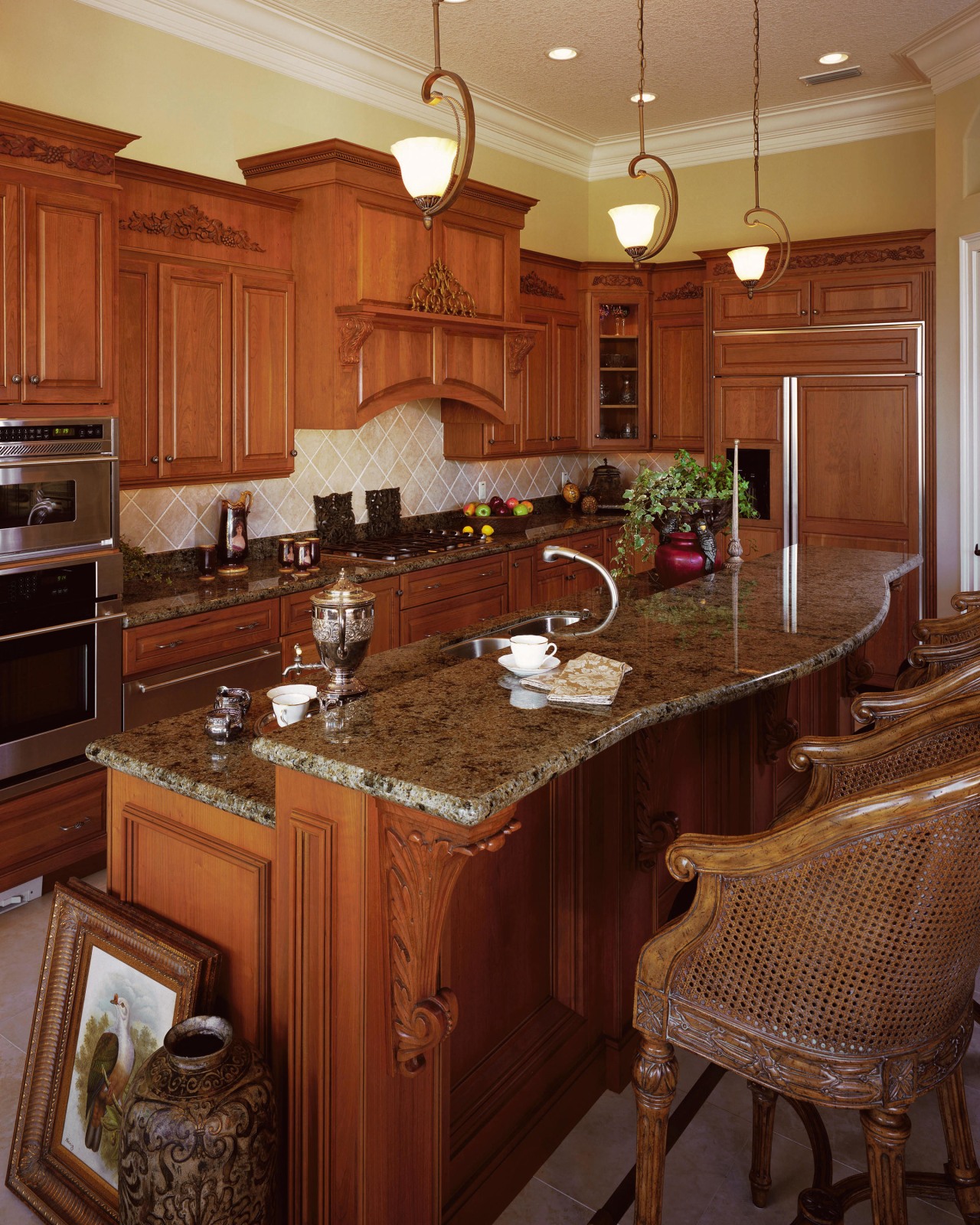 A view of some kitchen cabinetry made by cabinetry, countertop, cuisine classique, hardwood, home, interior design, kitchen, room, brown, red