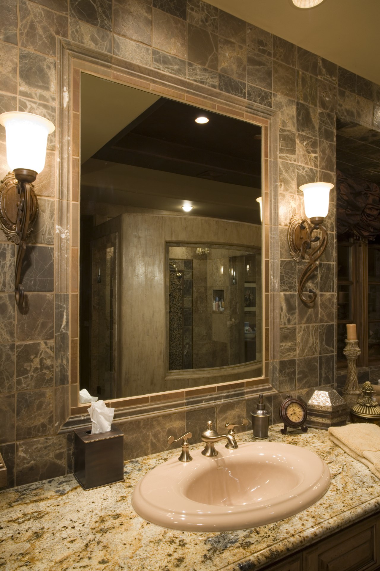 A view of this bathroom featuring gold wave bathroom, ceiling, home, interior design, lighting, room, wall, brown