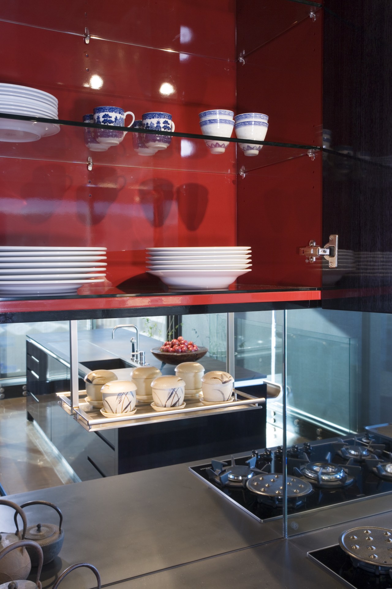 View of kitchen desihned by Architect Angela Foster display case, glass, interior design, kitchen, table, red