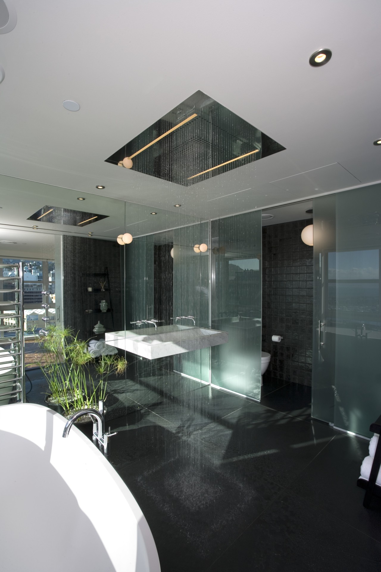 View of bathroom designed by architect Angela Foster architecture, bathroom, ceiling, daylighting, glass, house, interior design, gray, black