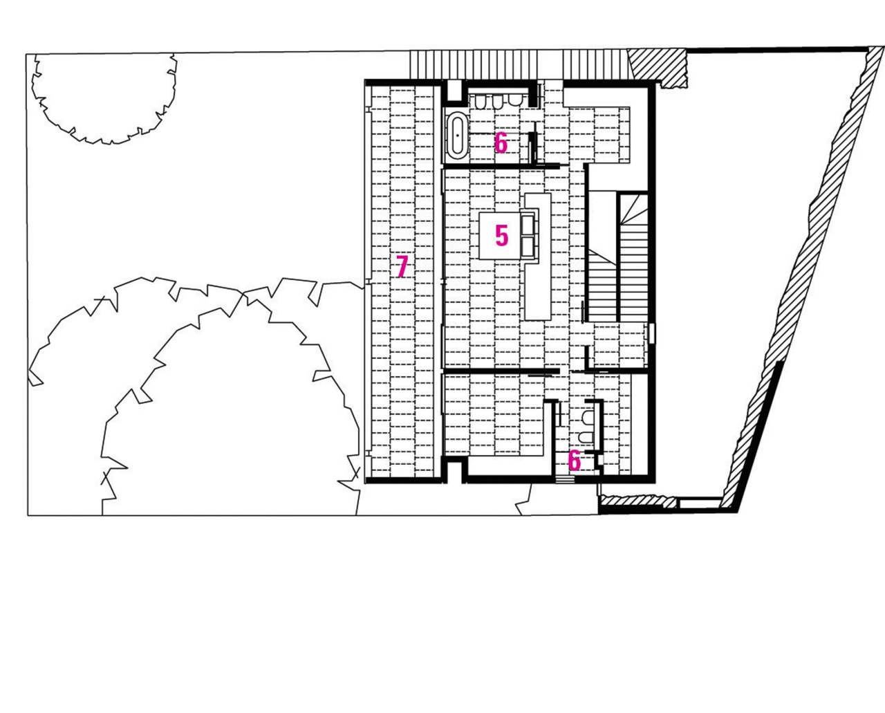 1 Garge. 2 Entry. 3 Family room. 4 area, design, diagram, drawing, floor plan, font, line, plan, product, text, white