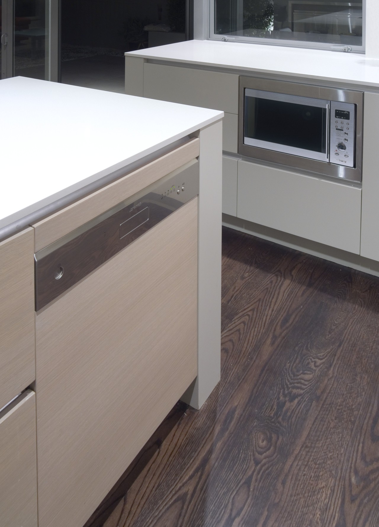 Smeg microwave inside contemporary kitchen cabinetry, chest of drawers, countertop, drawer, floor, flooring, furniture, hardwood, home appliance, kitchen, laminate flooring, wood, wood flooring, wood stain, gray