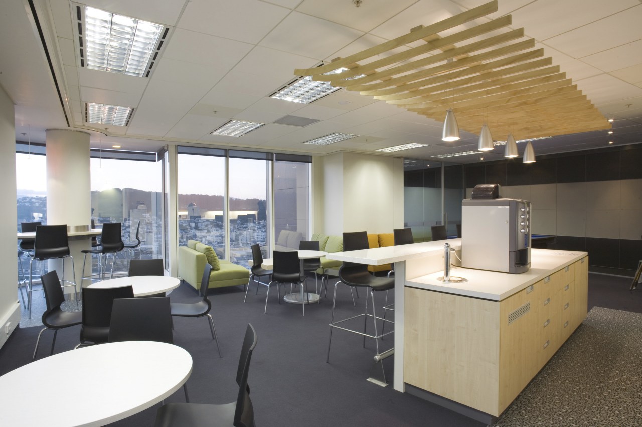 Open-plan offices and a break-out area mean broader ceiling, conference hall, institution, interior design, office, real estate, gray