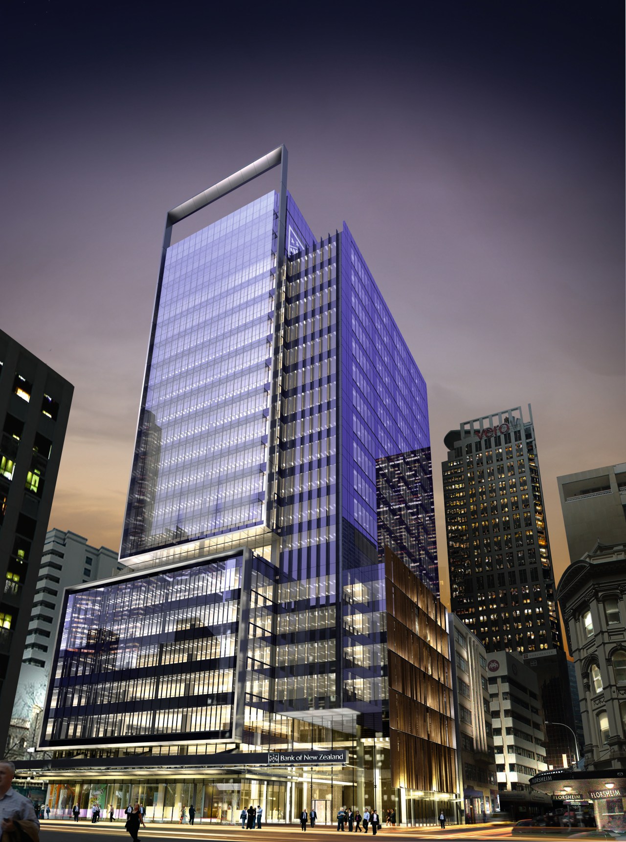 A view of the proposed BNZ tower in architecture, building, city, cityscape, commercial building, condominium, corporate headquarters, daytime, downtown, facade, headquarters, landmark, metropolis, metropolitan area, mixed use, night, reflection, residential area, sky, skyline, skyscraper, tower, tower block, urban area, blue, gray