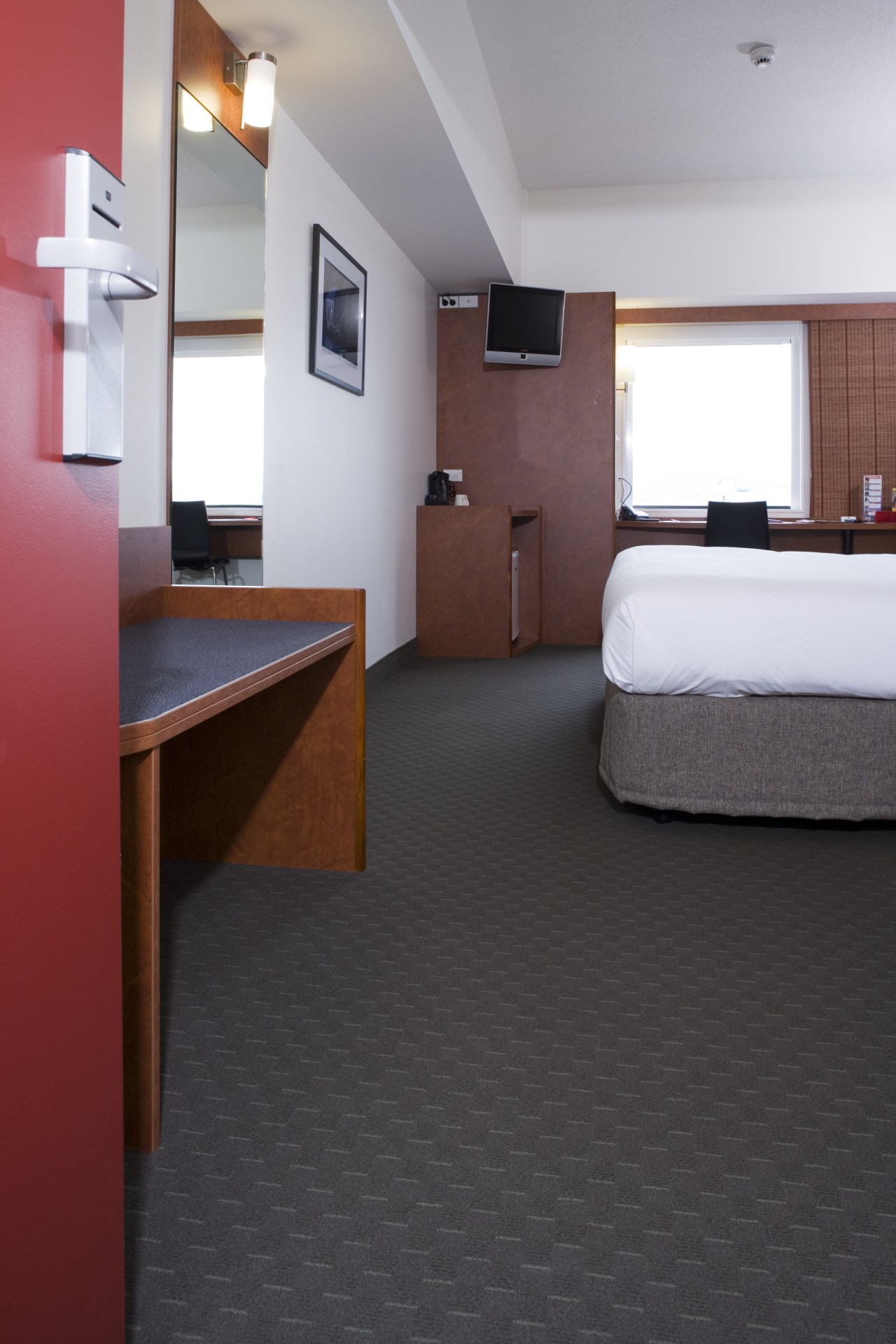 Manufactured from Zeftron Soloure solution-dyed nylon, Feltex Torre architecture, floor, flooring, interior design, room, suite, black, gray