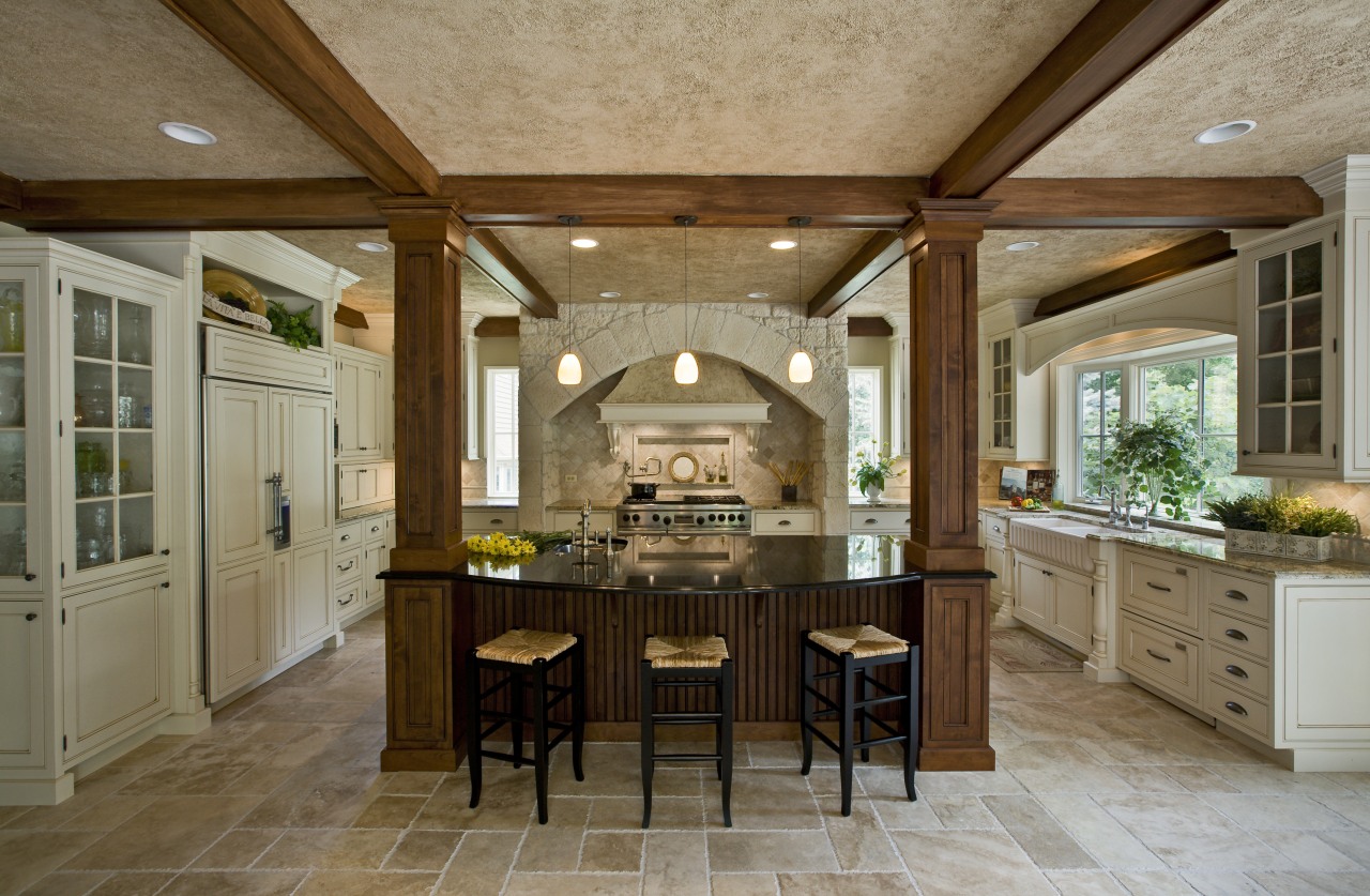 A view of a kitchen designed by Drury beam, cabinetry, ceiling, countertop, cuisine classique, dining room, estate, flooring, interior design, kitchen, real estate, room, wood flooring, brown, gray