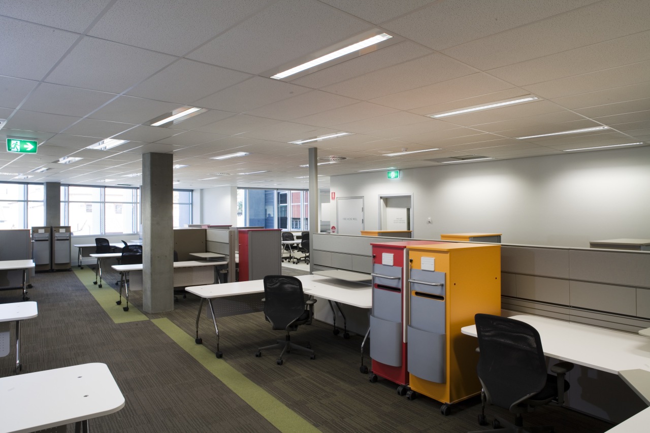 A view of this office area featuring an ceiling, classroom, interior design, office, product design, gray