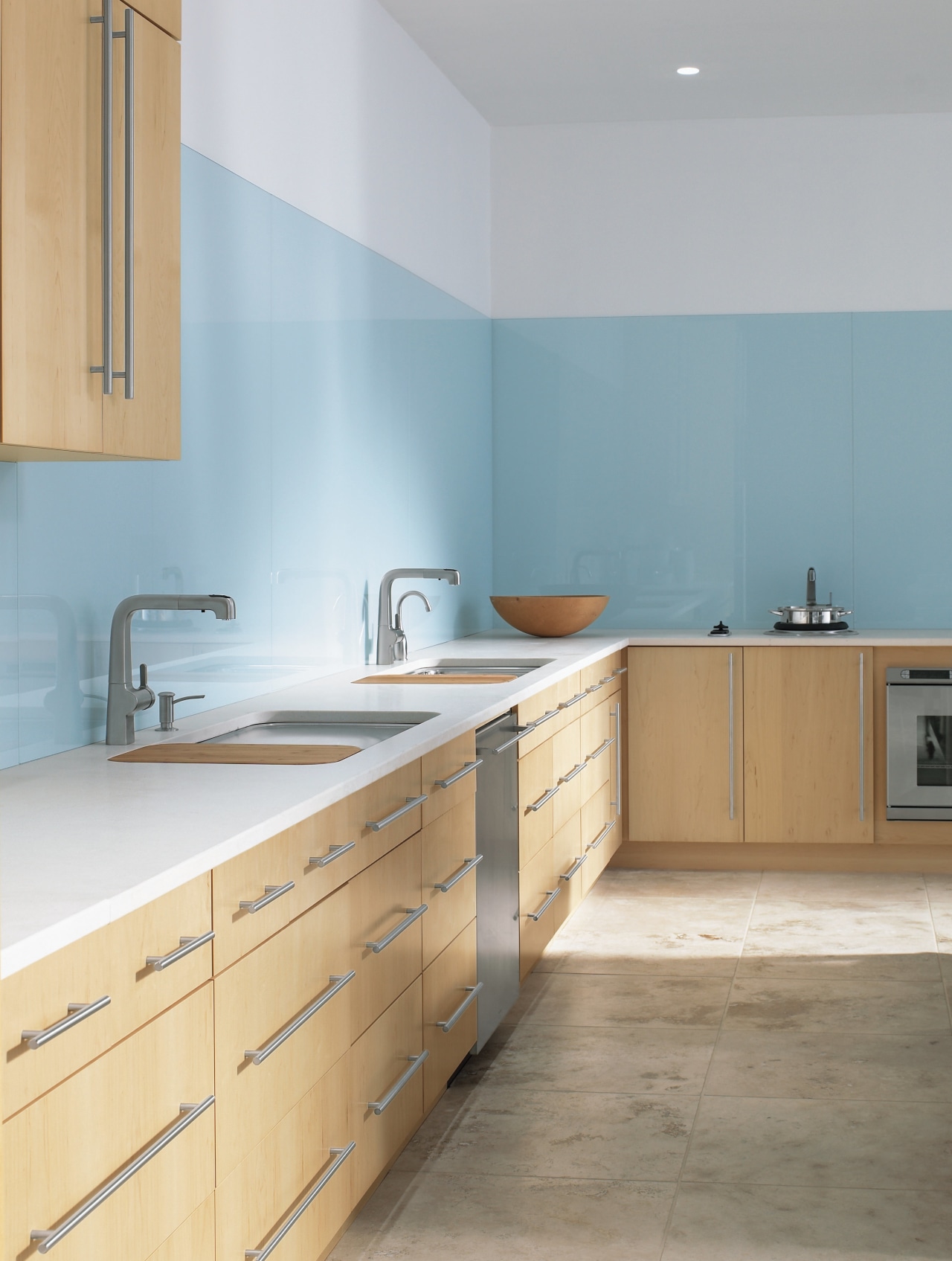 A view of the latest stinless Steel Kohler cabinetry, countertop, cuisine classique, floor, interior design, kitchen, room, sink, tile, gray