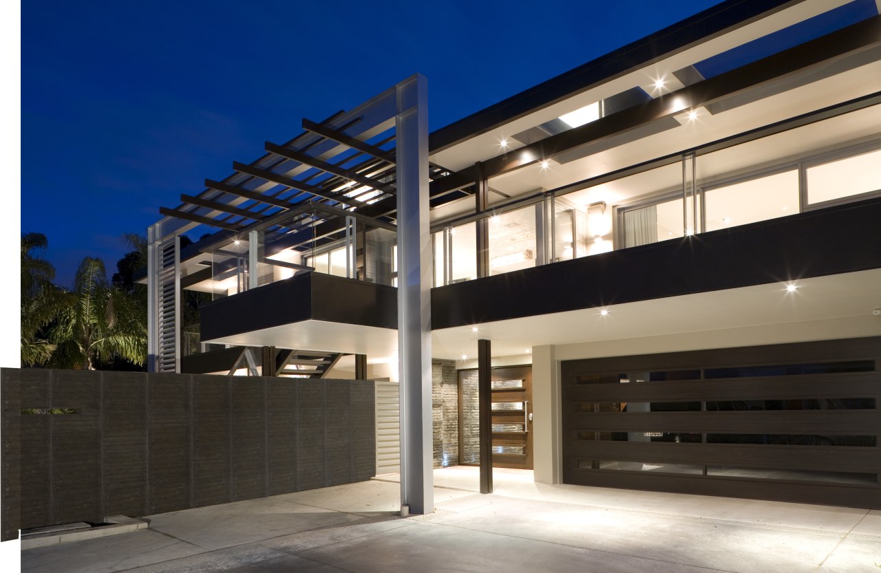 A view of a home by Santa Barbara architecture, building, corporate headquarters, daylighting, facade, house, property, real estate, black