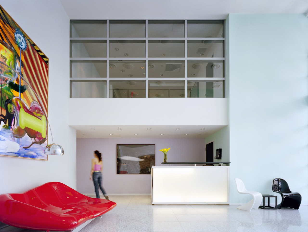 Pale walls in the lobby are a visual architecture, furniture, house, interior design, loft, product design, room, shelving, gray, white