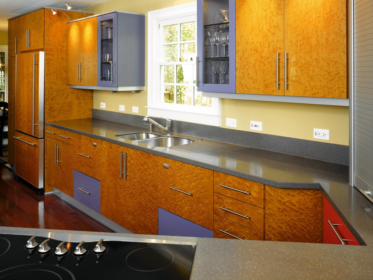 A view of this kitchen featuring the Corian cabinetry, countertop, floor, flooring, interior design, kitchen, room, brown