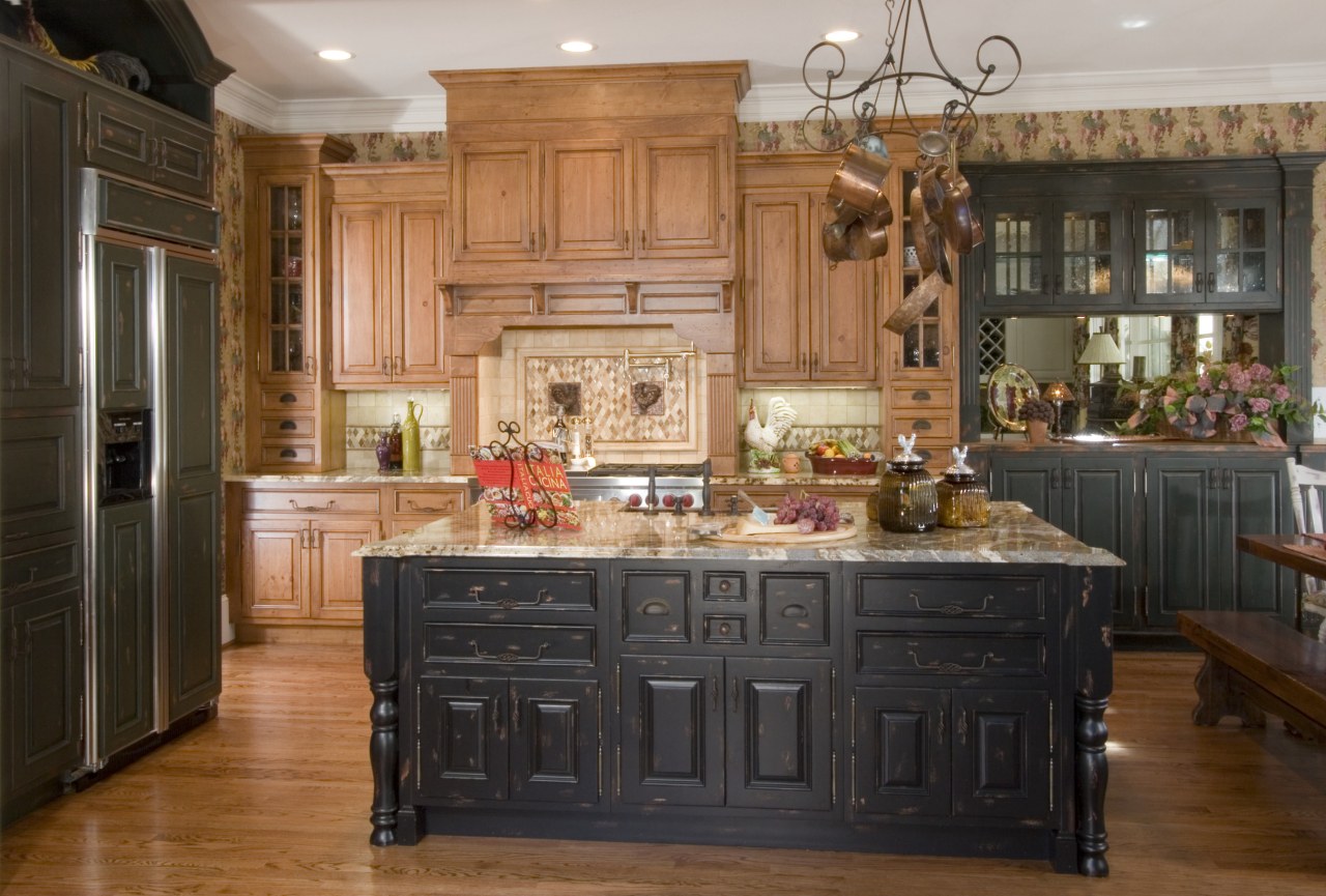 A view of this kitchen designed by Kitchen cabinetry, countertop, cuisine classique, hardwood, interior design, kitchen, room, black, brown