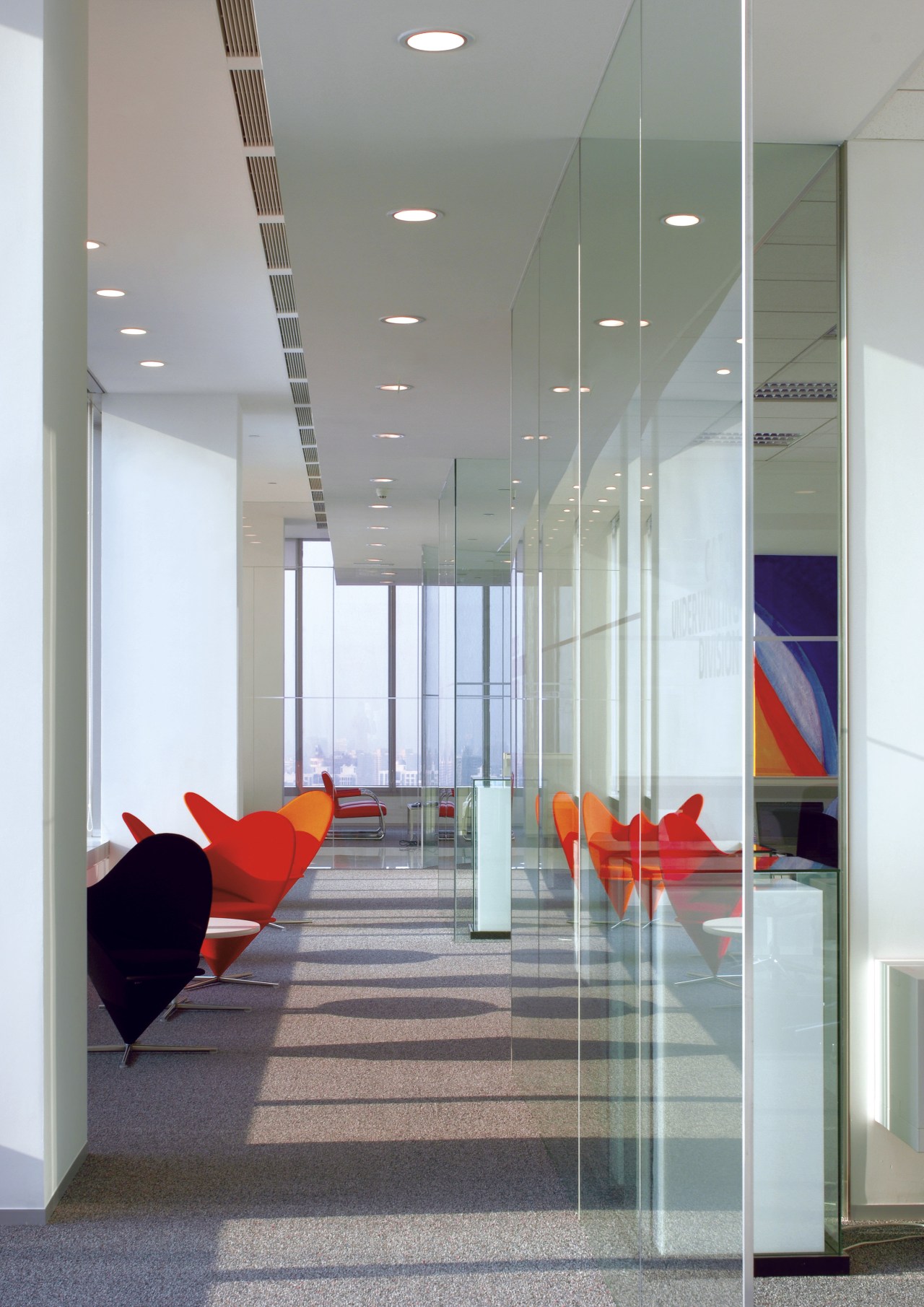 Interior view of Lloyd's Reinsurance Co. featuring stone architecture, ceiling, daylighting, floor, flooring, glass, interior design, lobby, gray