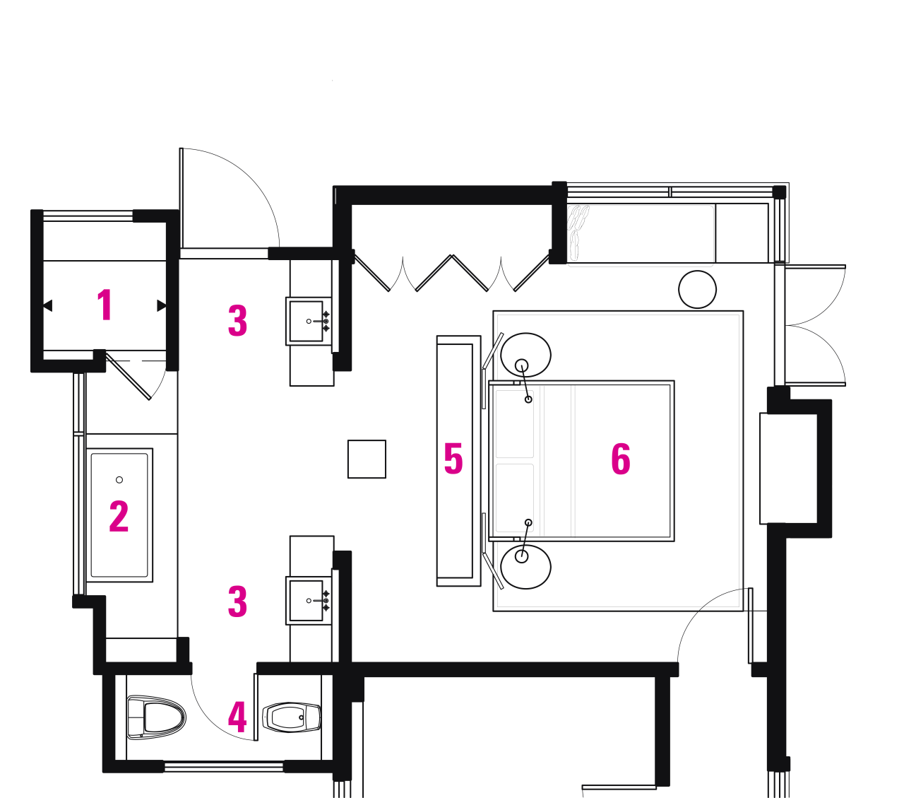 1.shower/steam room, 2.tub, 3.vanities, 4.toilet/bidet, 5.wardrobe, 6.bedroom area, design, diagram, drawing, floor plan, furniture, line, product, product design, square, white