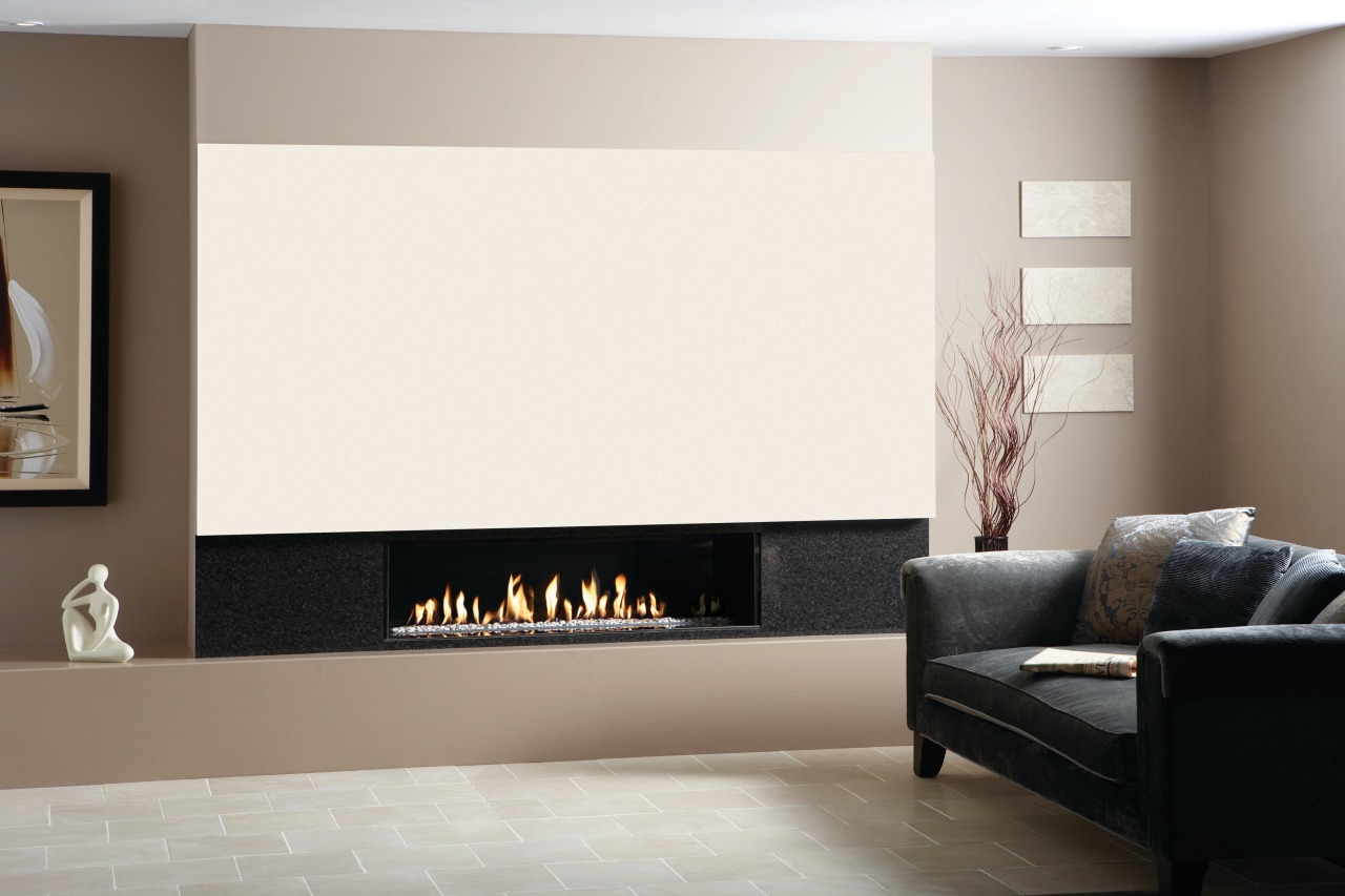 The highly contemporary Studio Edge fireplace is shown fireplace, floor, flooring, furniture, hearth, home, interior design, living room, room, wall, white