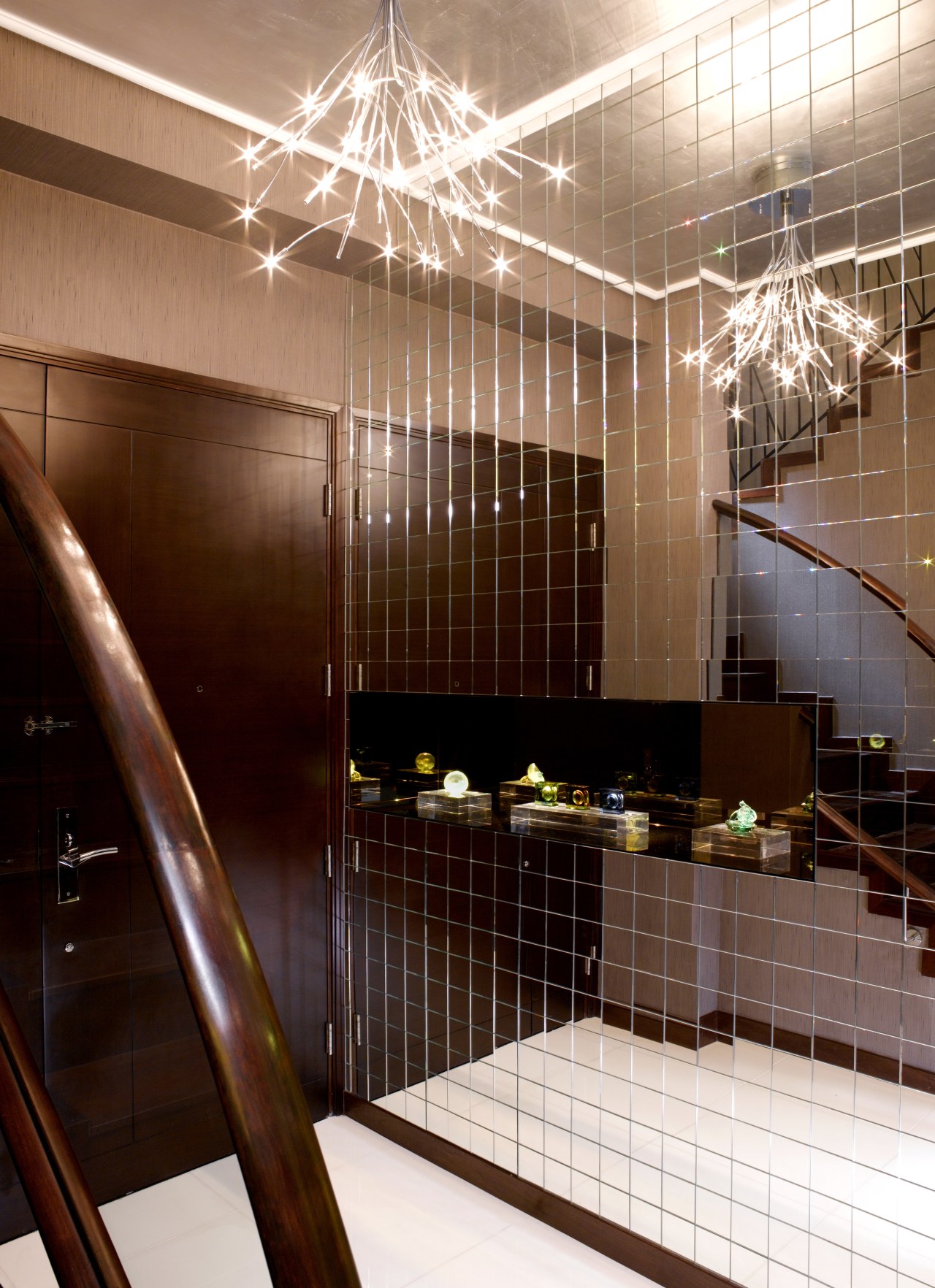 View of the feature wall in the living architecture, ceiling, glass, interior design, lighting, lobby, wood, red