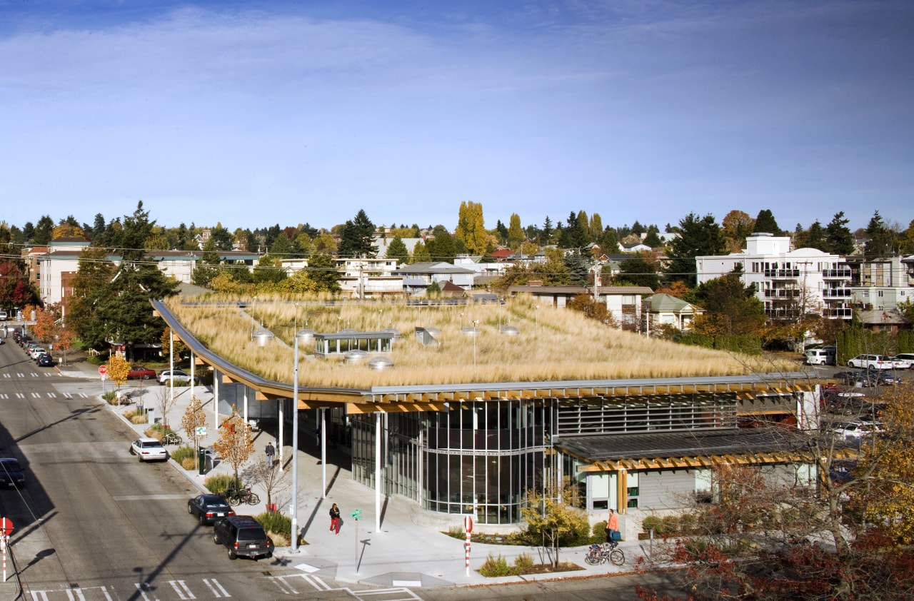 View of the Ballard Library and Neighborhood Service city, construction, home, real estate, residential area, roof, sky, suburb, urban area, teal