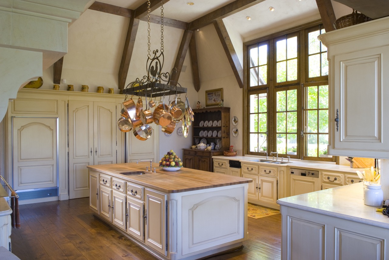 View of the kitchen, custom iron pot hanger cabinetry, ceiling, countertop, cuisine classique, estate, home, interior design, kitchen, real estate, room, window, gray, brown