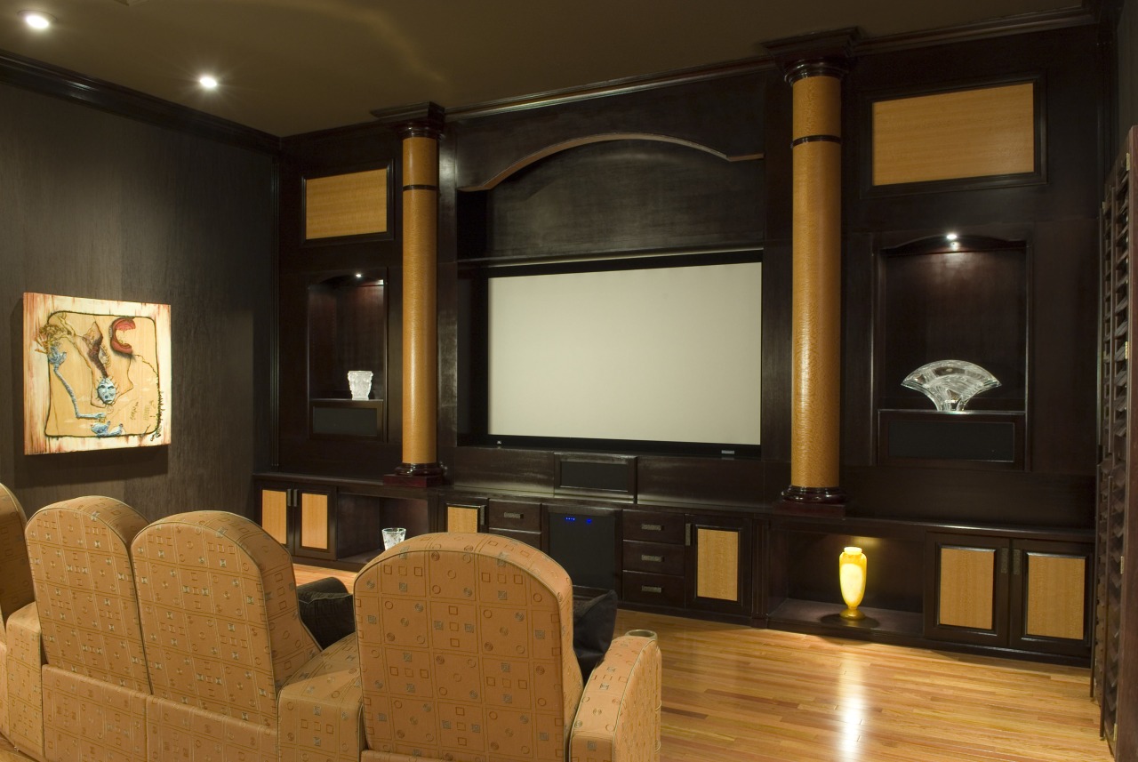 Lacewood and cherry feature in the theater. ceiling, entertainment, hardwood, home, home cinema, interior design, living room, room, wall, wood flooring, brown, black