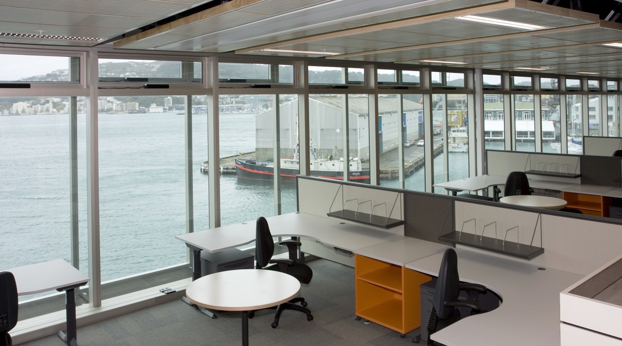 The fit-out also features Melteca Dove Grey on interior design, office, real estate, window, gray