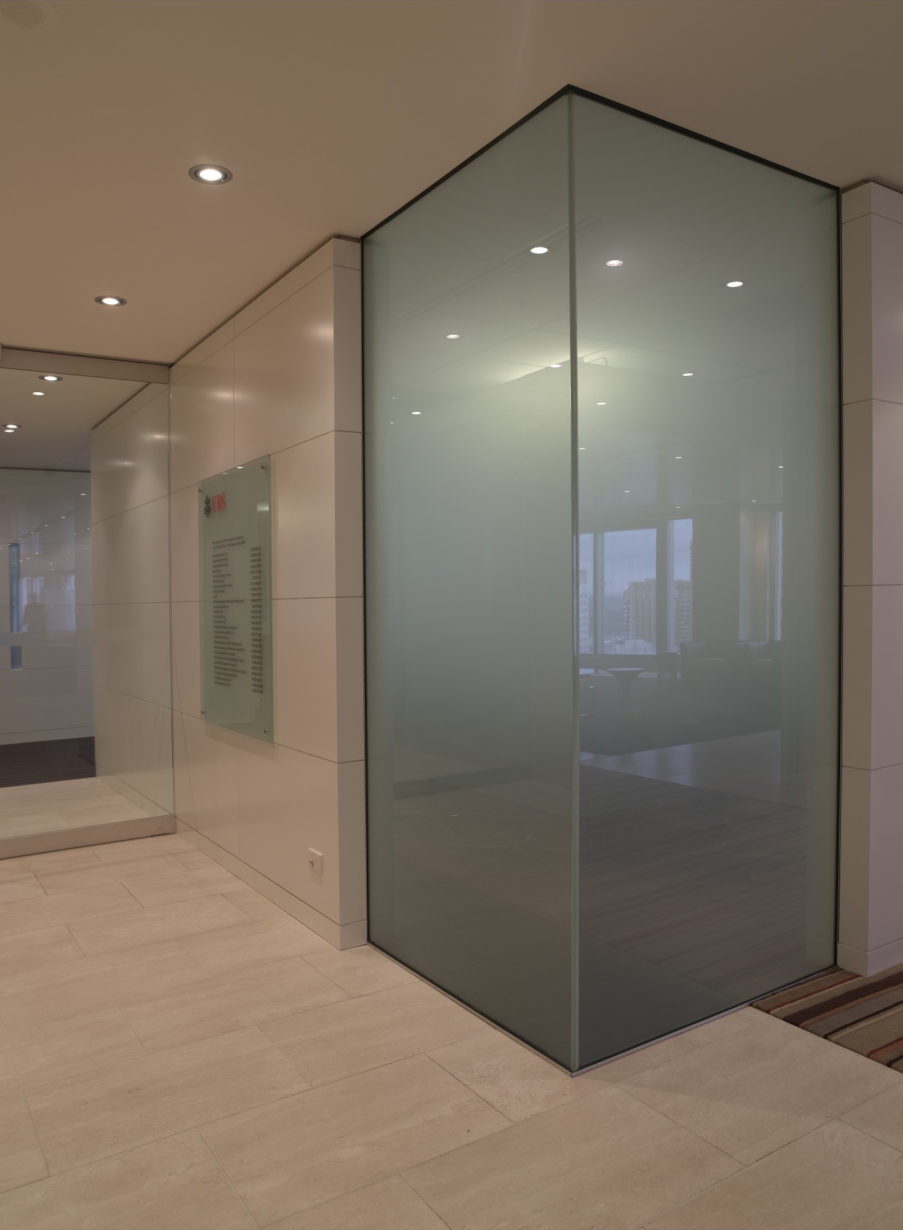 A view of the UBS offices that were architecture, ceiling, door, floor, glass, interior design, wall, brown, gray