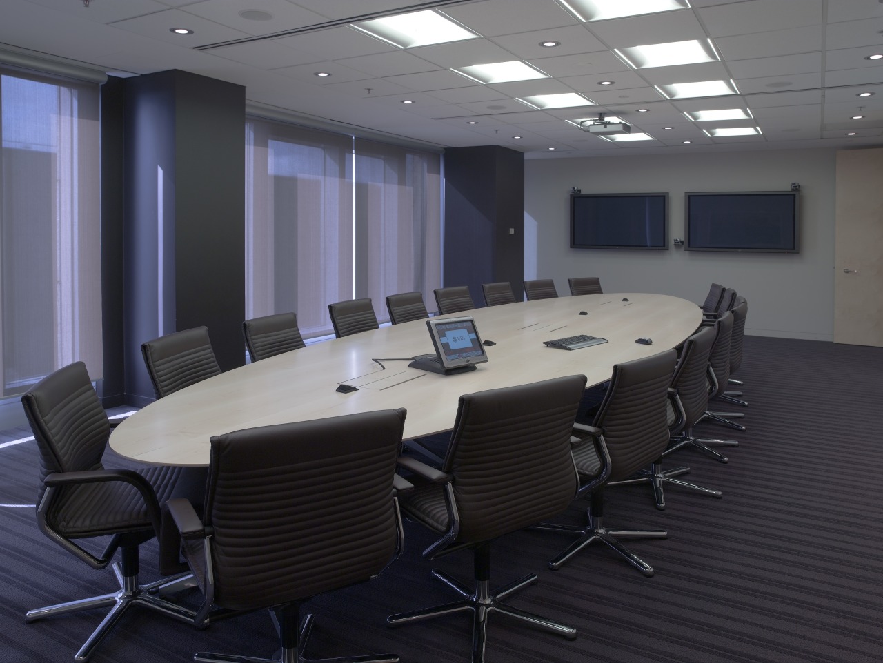 A view of the UBS offices, meetin rooms conference hall, furniture, interior design, office, table, black, gray